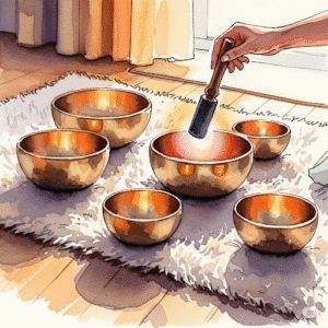 Aquarellbild mit Klangschalen und Hand beim Anspielen – Symbol für entspannende Klangmassage mit tibetischen Schalen in Leipzig.