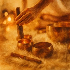 Aquarellbild mit Klangschalen und Hand beim Anspielen – Symbol für entspannende Klangmassage mit tibetischen Schalen in Leipzig.